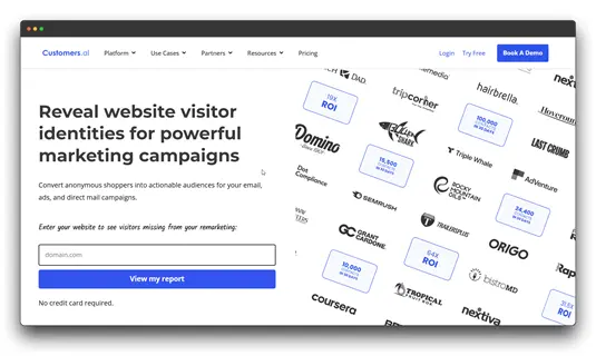 "Customers.ai" website, promoting website visitor identification for marketing campaigns. While not directly AI chatbots, such tools can be valuable for small businesses using AI chatbots for marketing. Keywords: Top AI Chatbots (as a related tool), AI Chatbots (for marketing), Small Businesses.