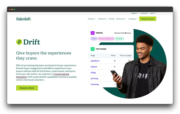 Drift website promoting its AI chatbot platform for conversational marketing. Learn about the best chatbots and AI chatbots for improving buyer experiences.