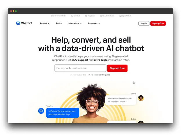 A screenshot of the ChatBot website, showcasing an AI chatbot solution. The headline reads "Help, convert, and sell with a data-driven AI chatbot." The website highlights the ability of the ChatBot to instantly help customers using AI-generated responses, providing 24/7 support and high satisfaction rates. The image also shows a chatbot conversation with a customer, demonstrating how the chatbot can answer questions and provide assistance.