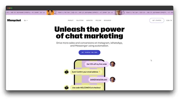A screenshot of the Manychat website, showcasing a platform for chat marketing automation. The headline reads "Unleash the power of chat marketing." Manychat promises to help drive more sales and conversions on Instagram, WhatsApp, and Messenger using automation. The image also shows a mockup of a mobile phone with a chatbot conversation, demonstrating how the platform can be used to engage with customers.