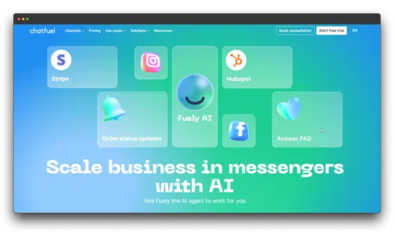 Website screenshot of Chatfuel with the headline "Scale business in messengers with AI." It features a gradient background with various icons and text boxes representing integrations and features, including "Fuely AI." Keywords: Top AI Chatbots, AI Chatbots, Small Businesses.
