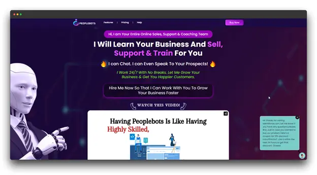 A screenshot of the Peoplebots website, showcasing an AI chatbot solution. The headline reads "I Will Learn Your Online Business And Sell, Support & Train For You." The chatbot is depicted as a friendly robot, ready to assist with sales, support, and training. The website emphasizes the chatbot's ability to work 24/7, chat with prospects, and help grow businesses.
