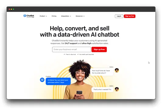 ChatBot website promoting its AI chatbot platform for customer support and sales. Learn about the best chatbots and AI chatbots for your business.