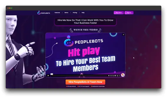 Screenshot of a website called "PeopleBots" featuring a robot and text promoting AI chatbots for hiring. Keywords: Top AI Chatbots, AI Chatbots, Small Businesses.