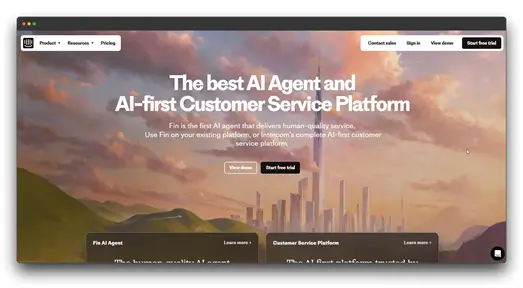 Screenshot of the Fin AI website, promoting its AI-first customer service platform. The headline reads, "The best AI Agent and AI-first Customer Service Platform." The page emphasizes human-quality service and seamless integration with existing platforms. Showcases Fin as a leading website chatbot and AI chatbot solution.