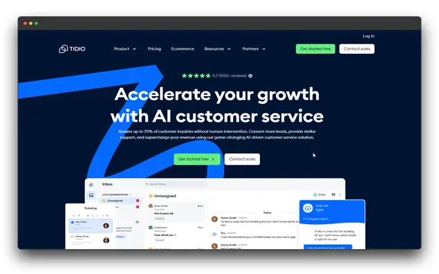 A screenshot of the Tidio website, showcasing an AI chatbot solution. The headline reads "Accelerate your growth with AI customer service." The website highlights the ability to answer up to 70% of customer inquiries without human intervention, convert more leads, and supercharge revenue using Tidio's AI-powered customer service solution. The image also shows a glimpse of the chatbot interface, demonstrating how it can handle customer conversations