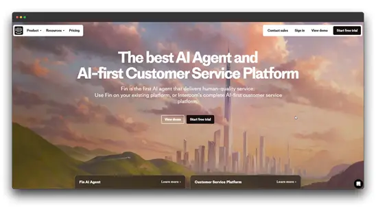 Screenshot of the "Fin AI Agent" website, promoting AI chatbots and customer service platforms for businesses. Keywords: Top AI Chatbots, AI Chatbots, Small Businesses.