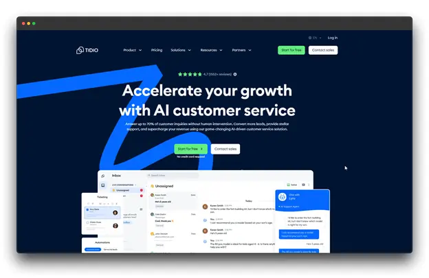 Screenshot of the Tidio website, promoting its AI-powered customer service platform. The headline reads, "Accelerate your growth with AI customer service." The page highlights features like increased conversion rates, improved customer satisfaction, and 24/7 support. Showcases Tidio as a leading website chatbot and AI chatbot solution.