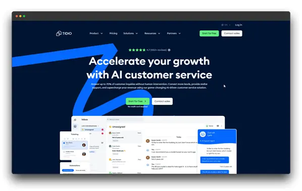 Screenshot of the Tidio website, promoting AI chatbots for customer service and business growth. Keywords: Top AI Chatbots, AI Chatbots, Small Businesses.