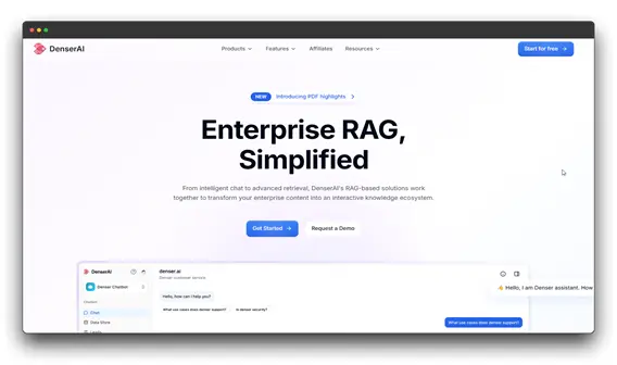 Screenshot of the DenserAI website showcasing its "Enterprise RAG, Simplified" solution. The page highlights intelligent chat and advanced retrieval capabilities, transforming enterprise content into an interactive knowledge ecosystem. Features a chat interface demonstrating its website chatbot functionality.