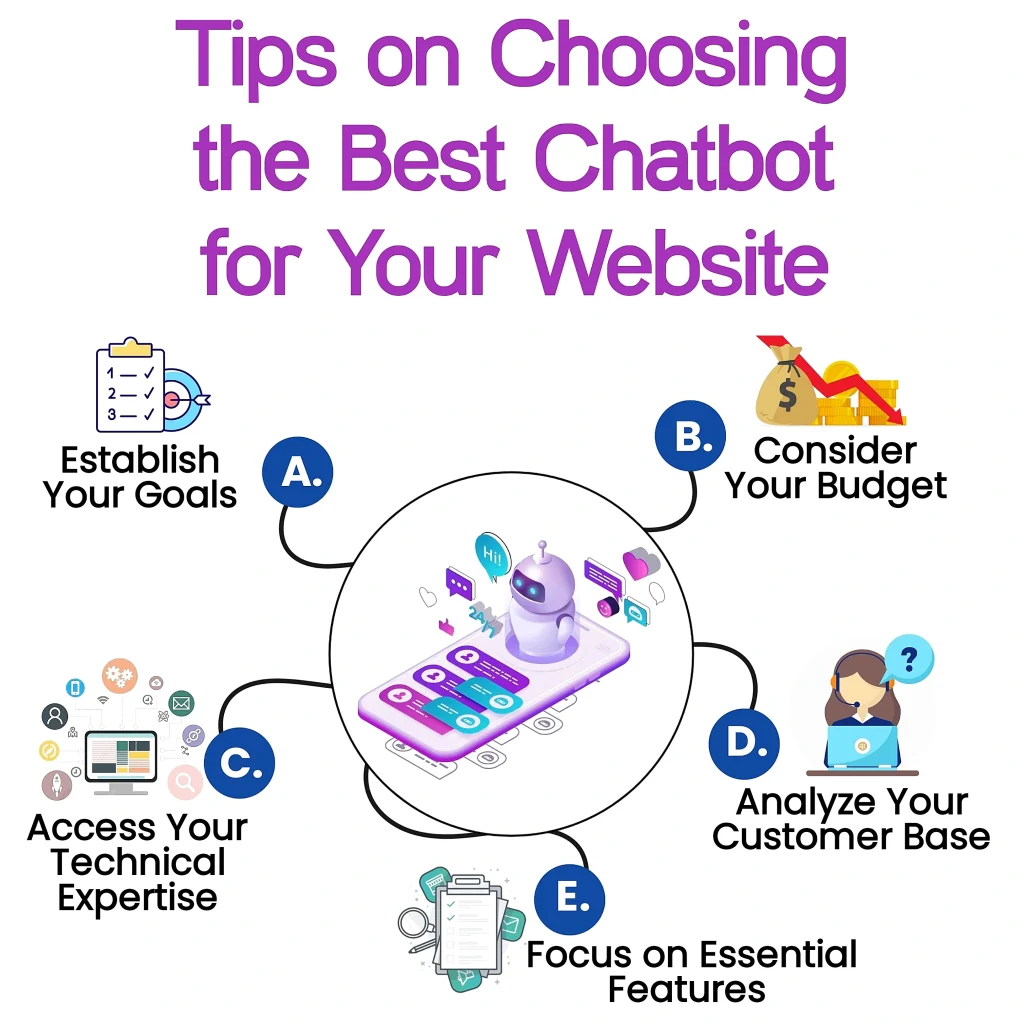 Tips on choosing the best chatbot for your website: Establish goals, consider budget, technical expertise, customer base, and essential features. Learn how to select the right AI chatbot or website chatbot for your needs.