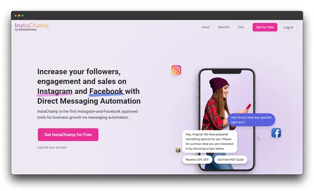 A screenshot of the InstaChamp website, showcasing an AI-powered chatbot solution for Instagram and Facebook. The headline reads "Increase your followers, engagement and sales on Instagram and Facebook with Direct Messaging Automation." InstaChamp is promoted as the first Instagram and Facebook-approved tool for business growth through messaging automation. The image shows a mockup of a smartphone with a chatbot conversation, demonstrating how the tool can be used to automate interactions with potential customers.