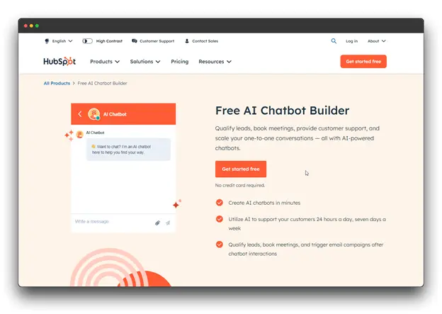 A screenshot of the HubSpot Free AI Chatbot Builder page. The headline reads "Free AI Chatbot Builder." The page highlights the benefits of using AI-powered chatbots to qualify leads, book meetings, provide customer support, and scale one-on-one conversations. The image shows a chatbot interface with a conversation in progress, demonstrating how the chatbot can interact with users.
