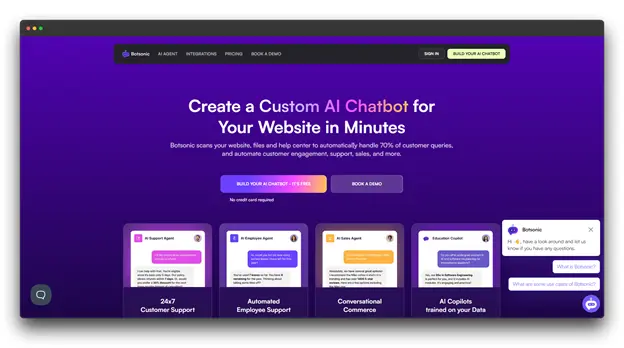 A screenshot of the Botonic website, showcasing an AI chatbot builder. The headline reads "Create a Custom AI Chatbot for Your Website in Minutes." Botonic promises to automatically handle 70% of customer queries by scanning your website and automating customer engagement, support, sales, and more. The image also