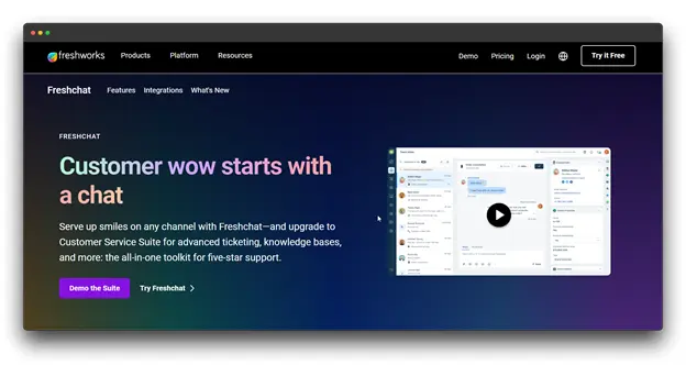 A screenshot of the Freshchat website, showcasing a customer service platform. The headline reads "Customer wow starts with a chat." The website emphasizes serving up smiles on any channel with Freshchat and upgrading to the Customer Service Suite for advanced ticketing, knowledge bases, and more. The image also shows a preview of the Freshchat interface,