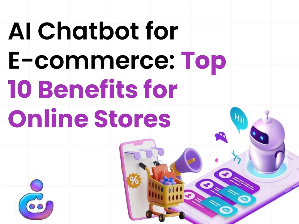 "AI Chatbot for E-commerce: Top 10 Benefits for Online Stores" is prominently featured. Keywords: AI Chatbot for ecommerce, AI chatbot, online store.