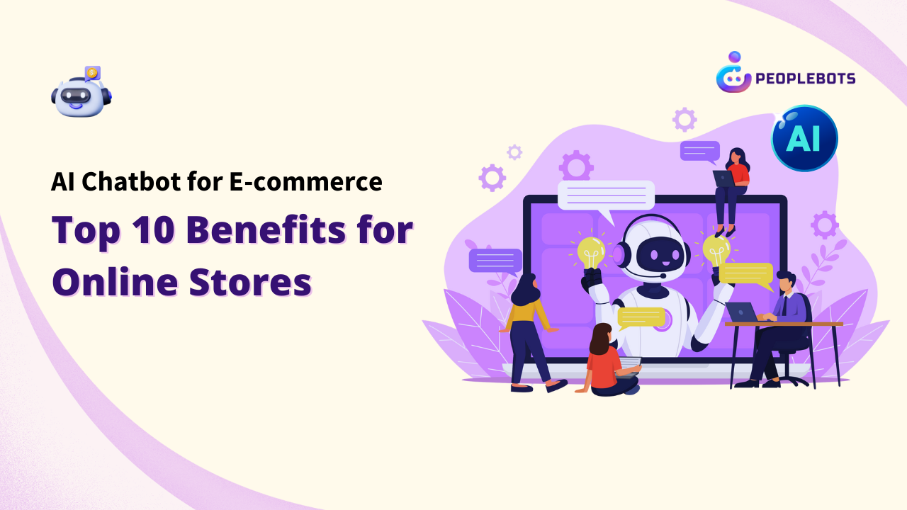 "AI Chatbot for E-commerce: Top 10 Benefits for Online Stores" is prominently featured. Keywords: AI Chatbot for ecommerce, AI chatbot, online store.
